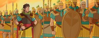 teenage Mormon wears armor and watches an army of Nephites