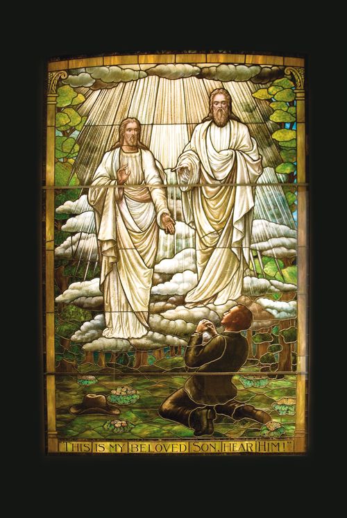 Stained glass depiction of the First Vision.