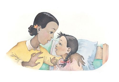A watercolor illustration of a mother and her young daughter talking together while the daughter sits in bed, ready to go to sleep.