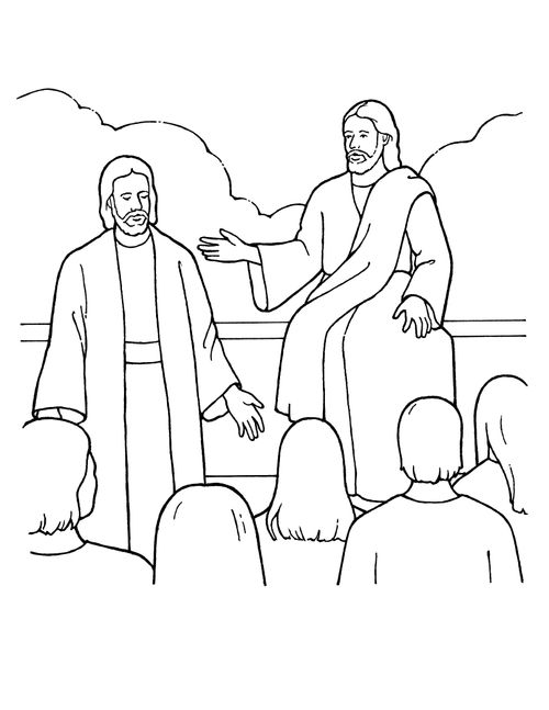A black and white illustration of Heavenly Father and Jesus Christ presenting the plan to a group of spirits in the premortal life.