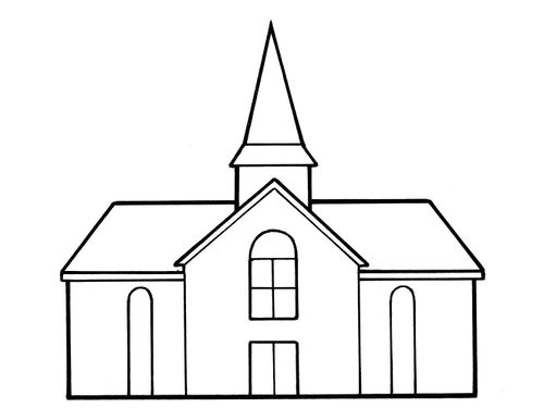A black-and-white illustration of a Church meetinghouse with a single steeple and several windows on the front.
