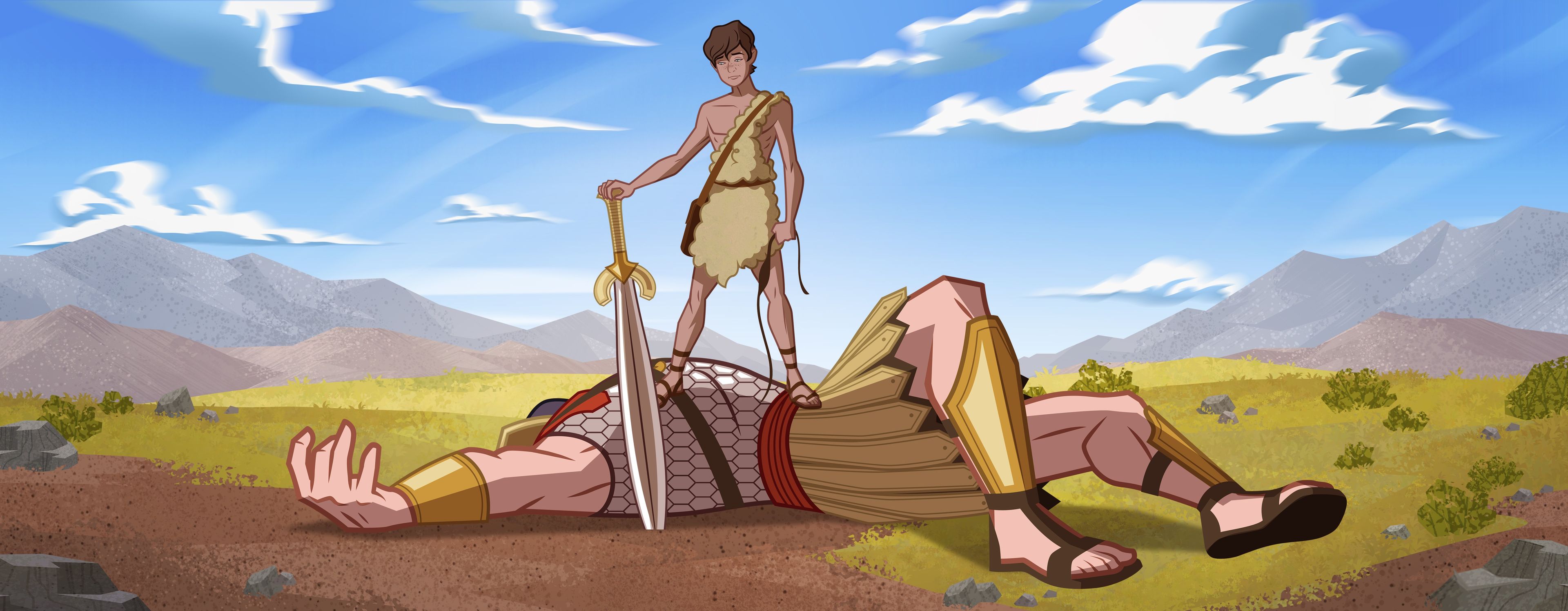 Illustration of David and Goliath’s body. 1 Samuel 17:51–53
