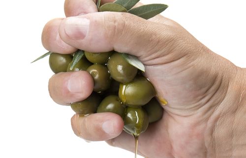 hand squeezing olives