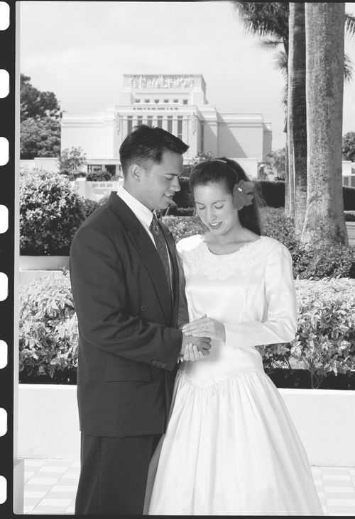 bride and groom at temple