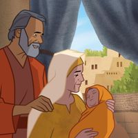 "Illustration of Hannah with her husband and baby Samuel.      1 Samuel 1:20-23"