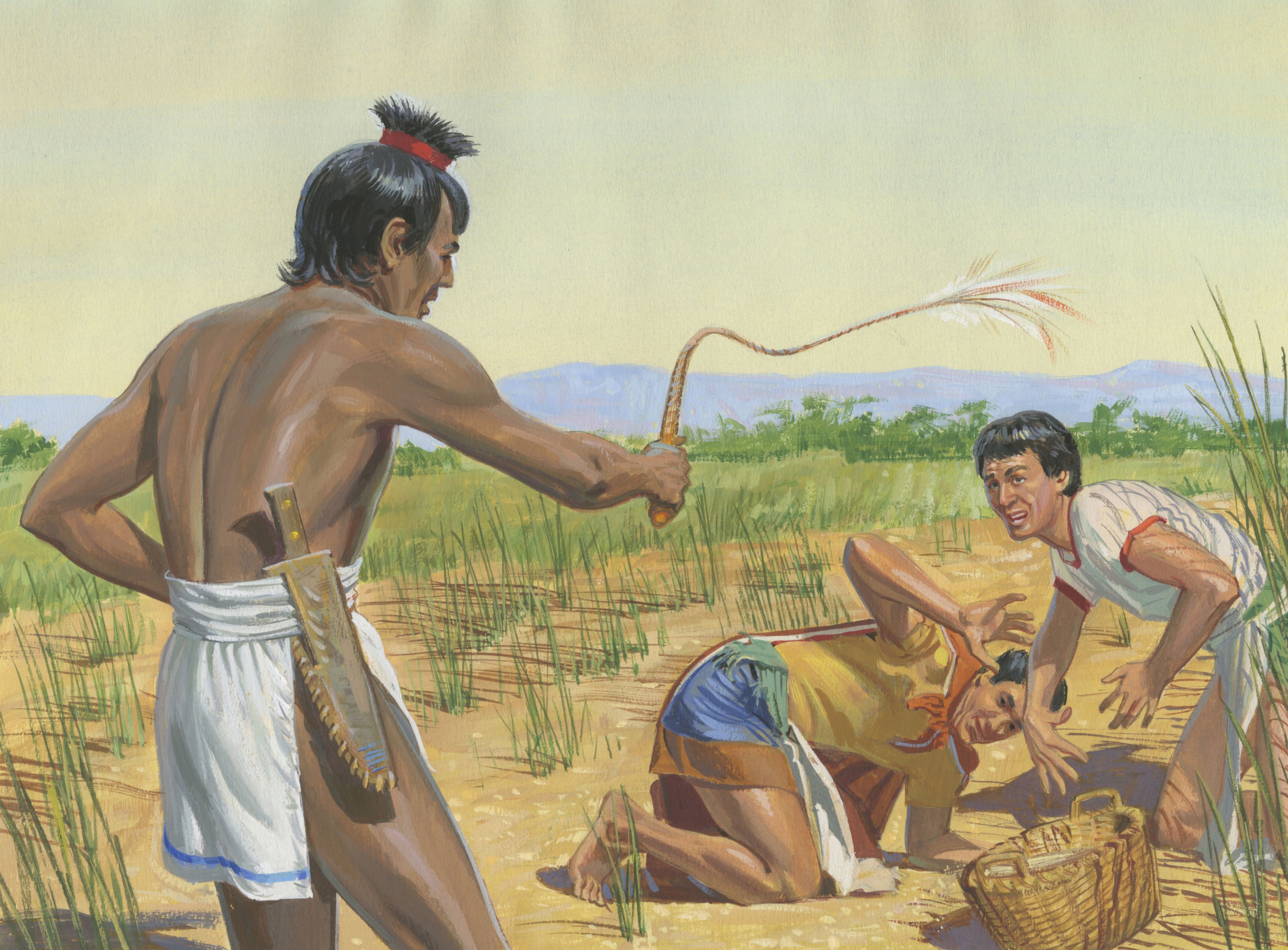 A painting by Jerry Thompson depicting the Nephites under the guard of the Lamanites; Primary manual 4-24