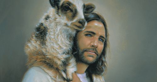 Jesus with lamb on shoulders