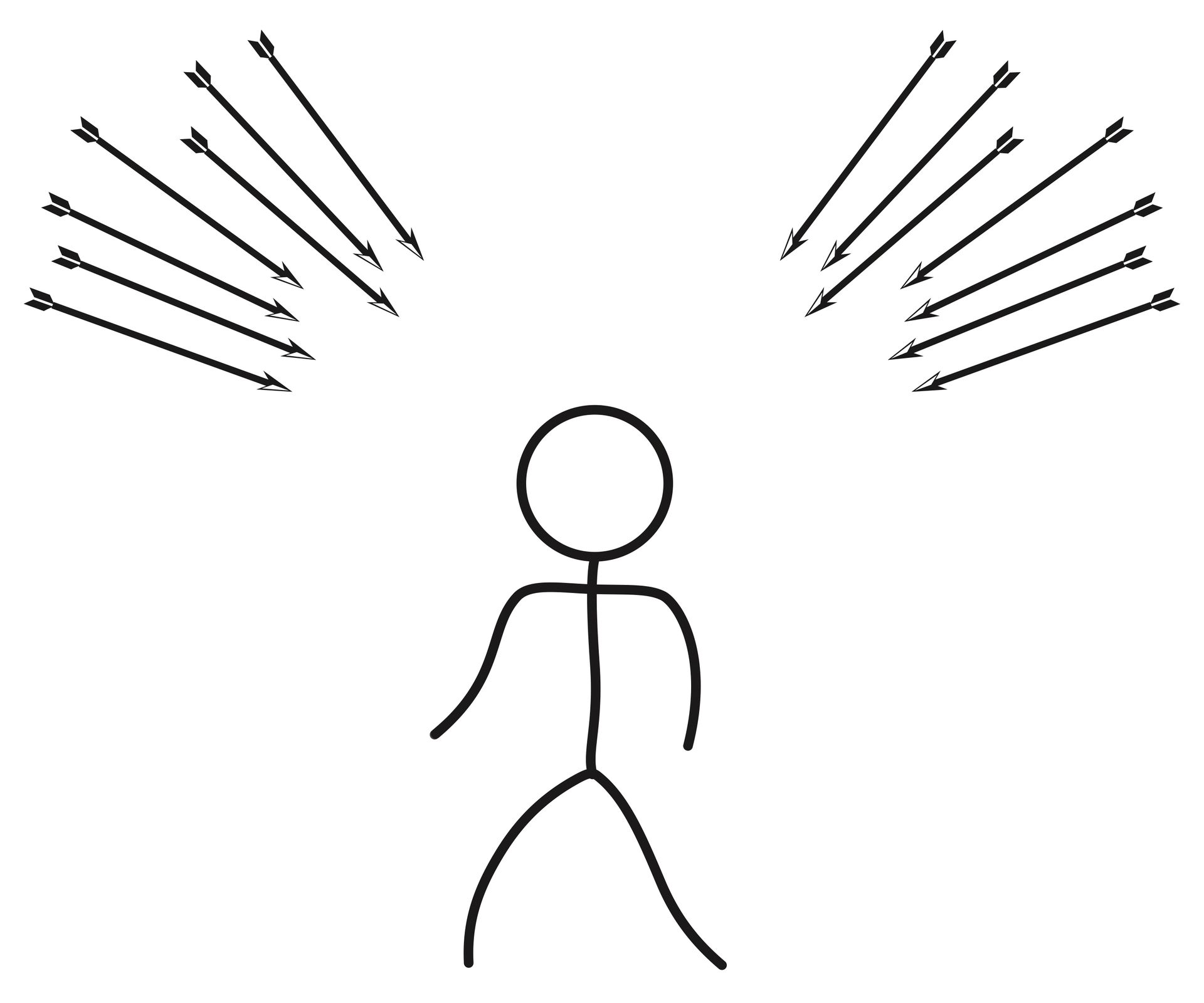 A stick figure drawing of a person surrounded by arrows.
