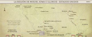 Mapa de la región de Misuri, Iowa e Illinois