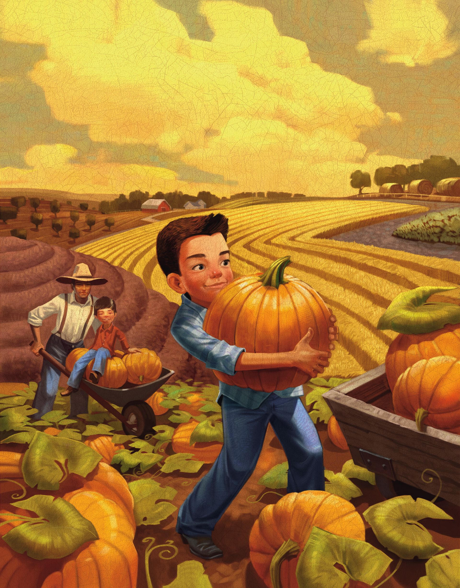 A boy in a pumpkin patch carries a pumpkin to a wheelbarrow nearby.