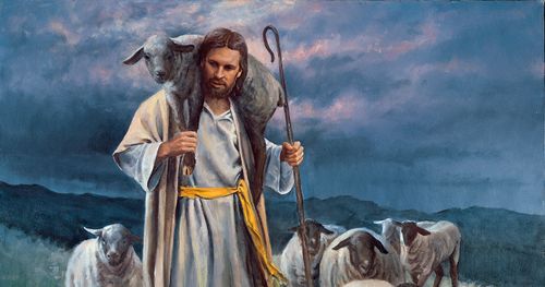 Christ watching over a flock of sheep