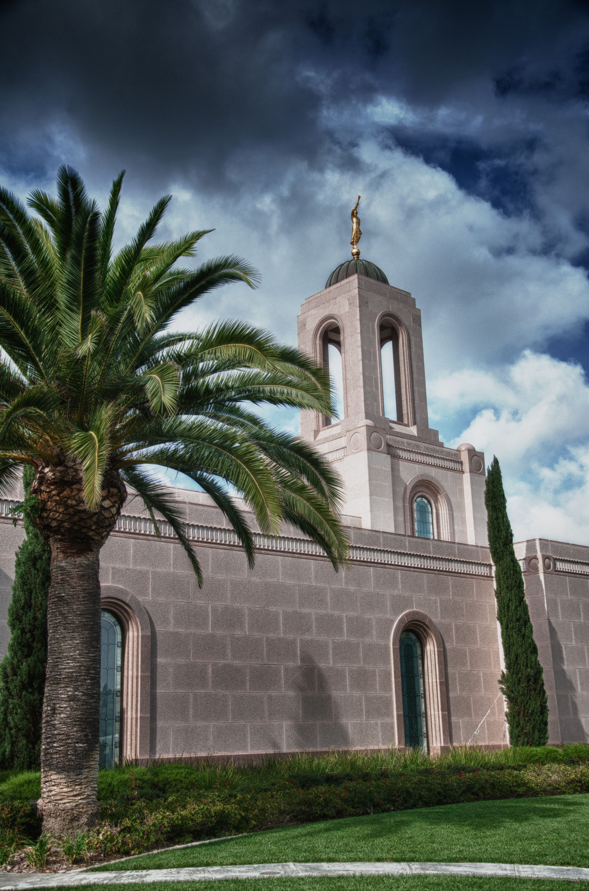 The Newport Beach California Temple during a storm, including the exterior of the temple.