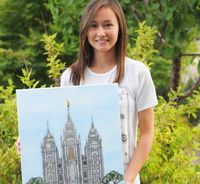 young woman with painting of Salt Lake Temple