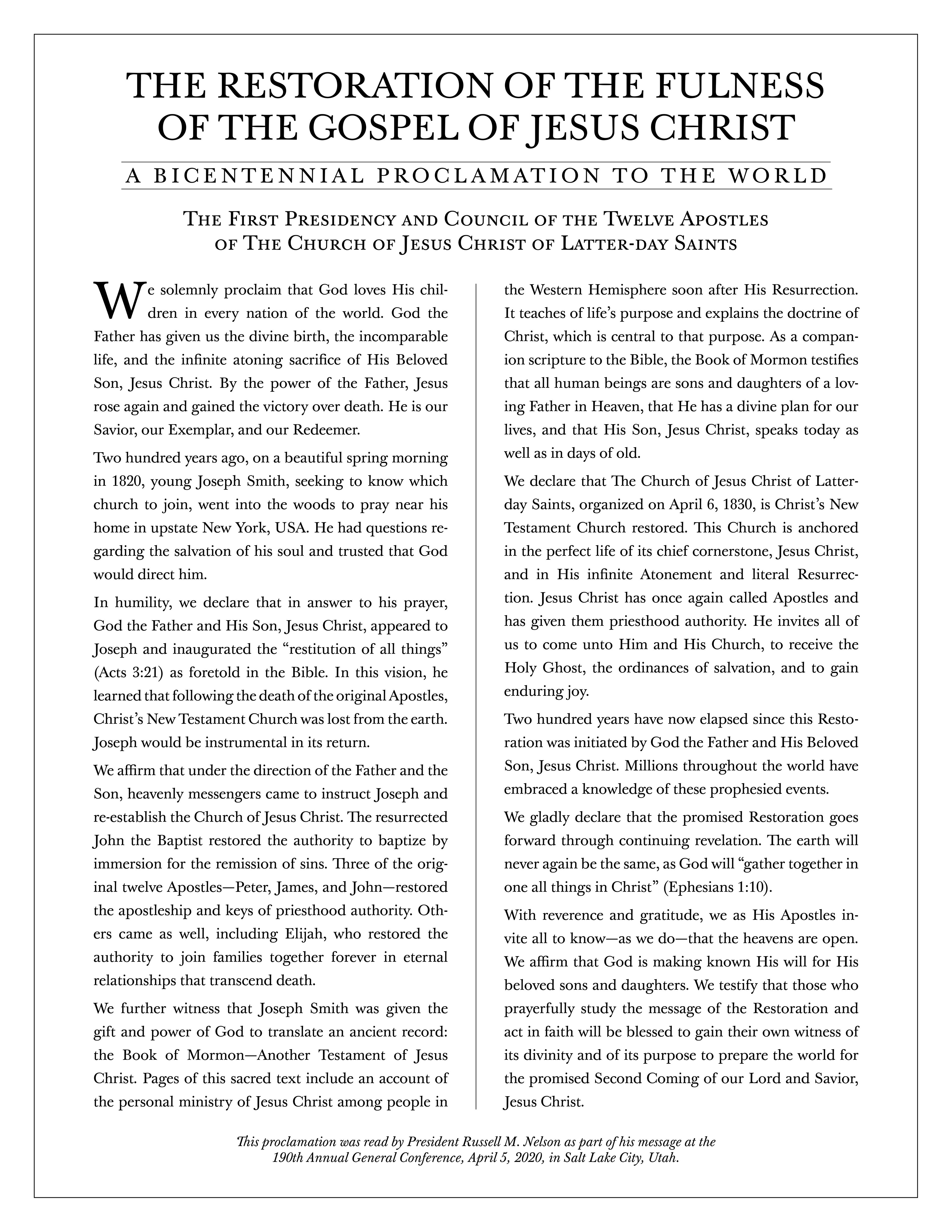 The official poster of “The Restoration of the Fulness of the Gospel of Jesus Christ: A Bicentennial Proclamation to the World.”