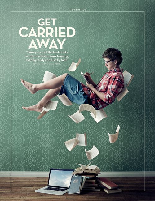 An image of a young man floating in the air amid the pages of a book, combined with the words “Get Carried Away.”