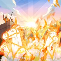 Illustration of heavenly army with chariots of fire.      2 Kings 6:17-23