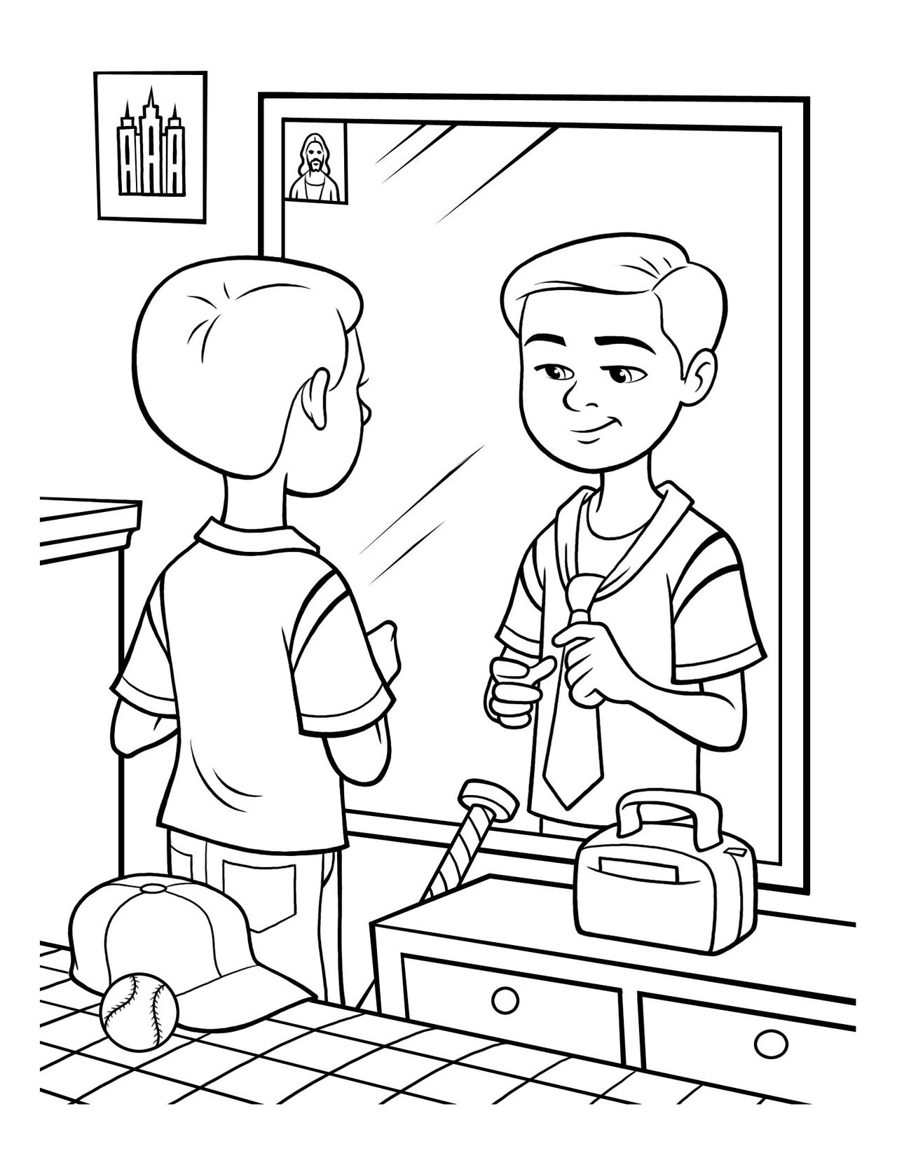 A boy stands in front of his mirror and practices tying a tie.