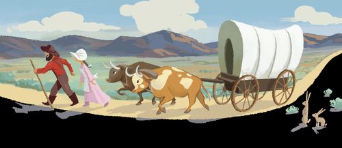 Pioneers with covered wagon