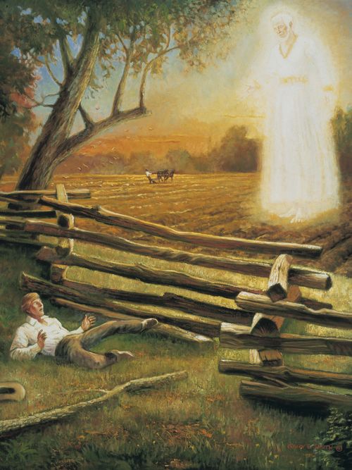 Joseph Smith, Jr. lying in a field and looking up at the angel Moroni. Moroni is depicted standing in the air and wearing a white robe. In the background, Joseph Smith, Sr. is depicted working in the fields.