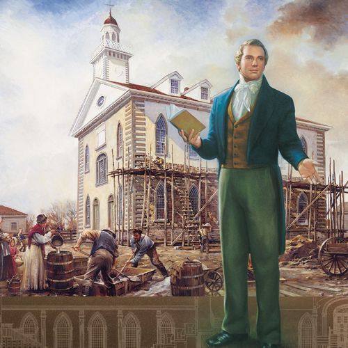 Joseph Smith, with Kirtland Temple in background