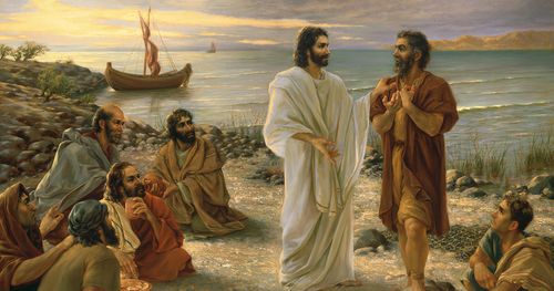 Jesus conversando com Pedro na praia