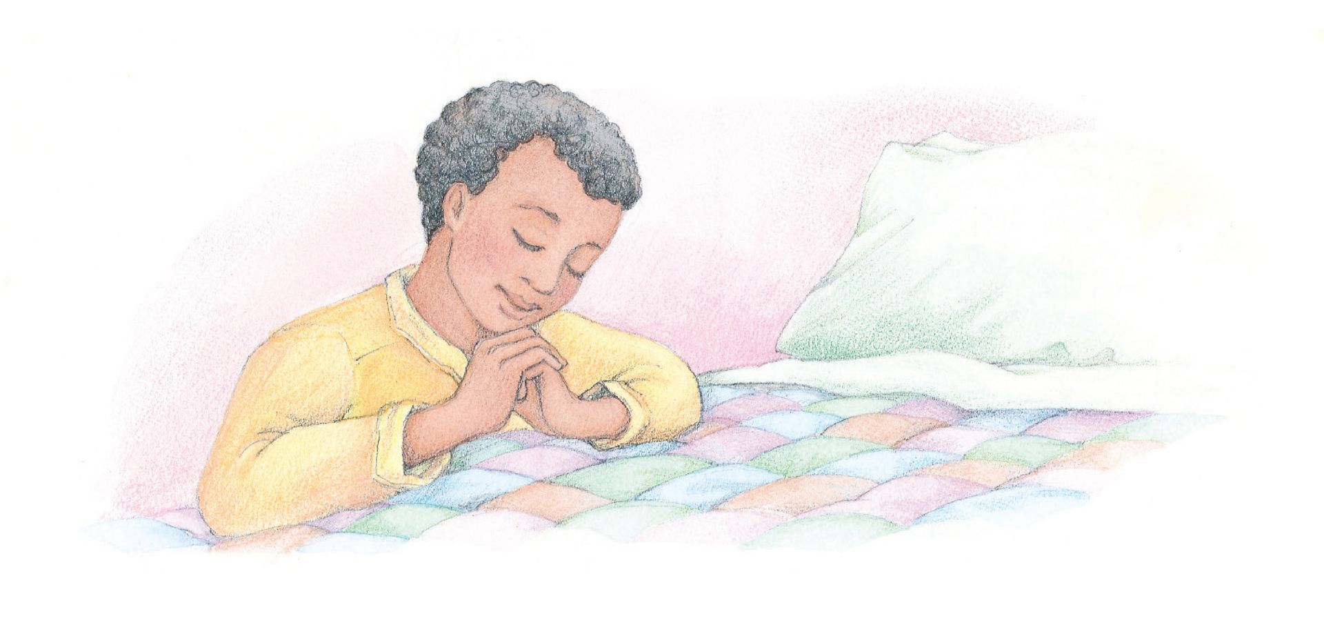 A boy kneeling by his bed and praying. From the Children’s Songbook, page 6, “Thanks to Thee”; watercolor illustration by Phyllis Luch.