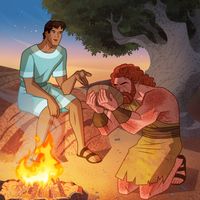 "Illustration of Isaac giving Jacob the birthright.      Genesis 27:18-29"