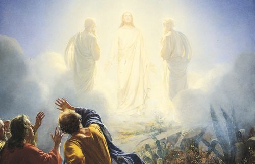 The apostles Peter, James and John witnessing the transfiguration of Christ. Christ is surrounded by light. Moses and Elias (Elijah) appear as transfigured beings surrounded by the same light. Peter, James and John are shielding their eyes from the brightness of the light.