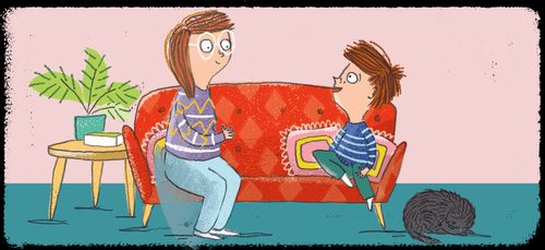 boy talking to mom on couch