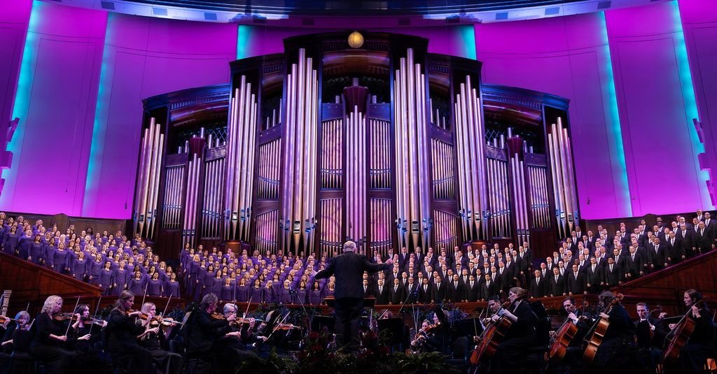 Various shots of the Tabernacle Choir and the Orchestra at Temple Square during Music and the Spoken Word Broadcast