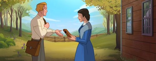 Samuel giving the Book of Mormon back to Rhoda and inviting her to ask God for a testimony.