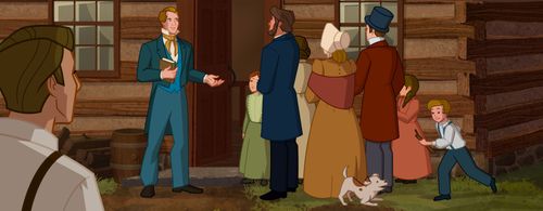 Joseph Smith welcoming people to the Whitmer home for the first meeting of the Church.