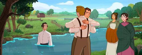 Joseph Smith and his father hugging each other.