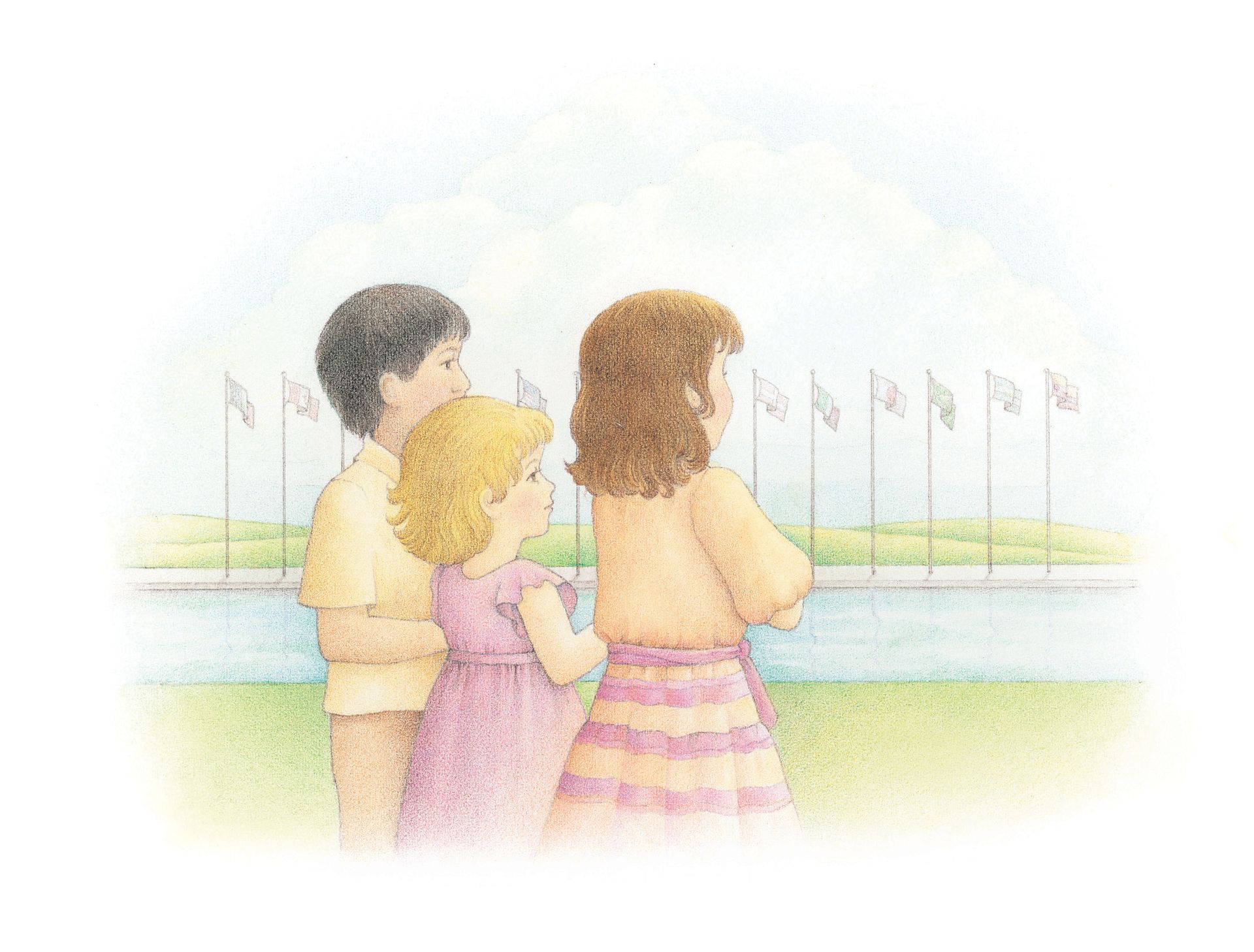 Three children standing together, looking at a row of flags. From the Children’s Songbook, page 131, “The Twelfth Article of Faith”; watercolor illustration by Beth Whittaker.