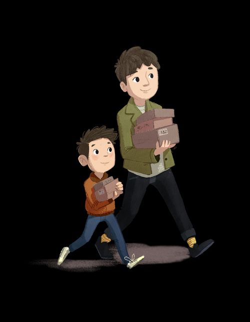 boy and his dad carrying boxes