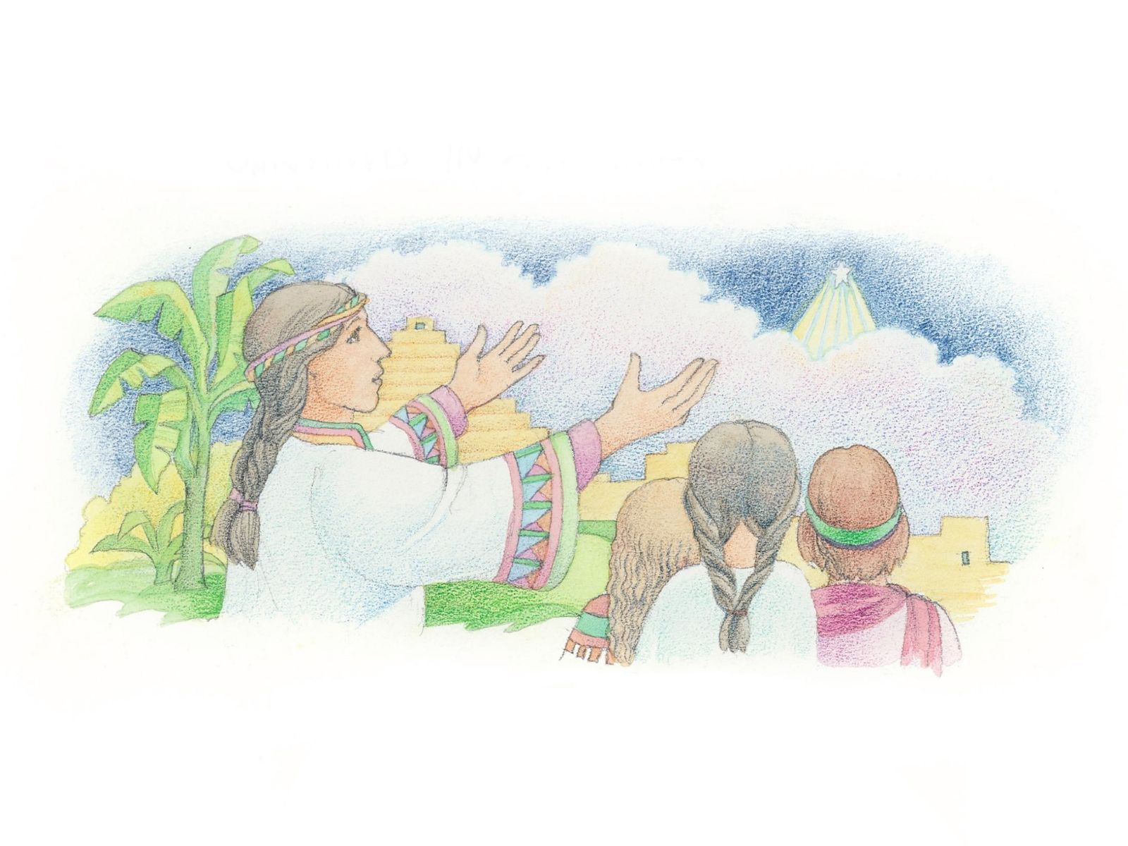 Samuel telling the Book of Mormon people of the birth of Jesus. From the Children’s Songbook, page 36, “Samuel Tells of the Baby Jesus”; watercolor illustration by Phyllis Luch.