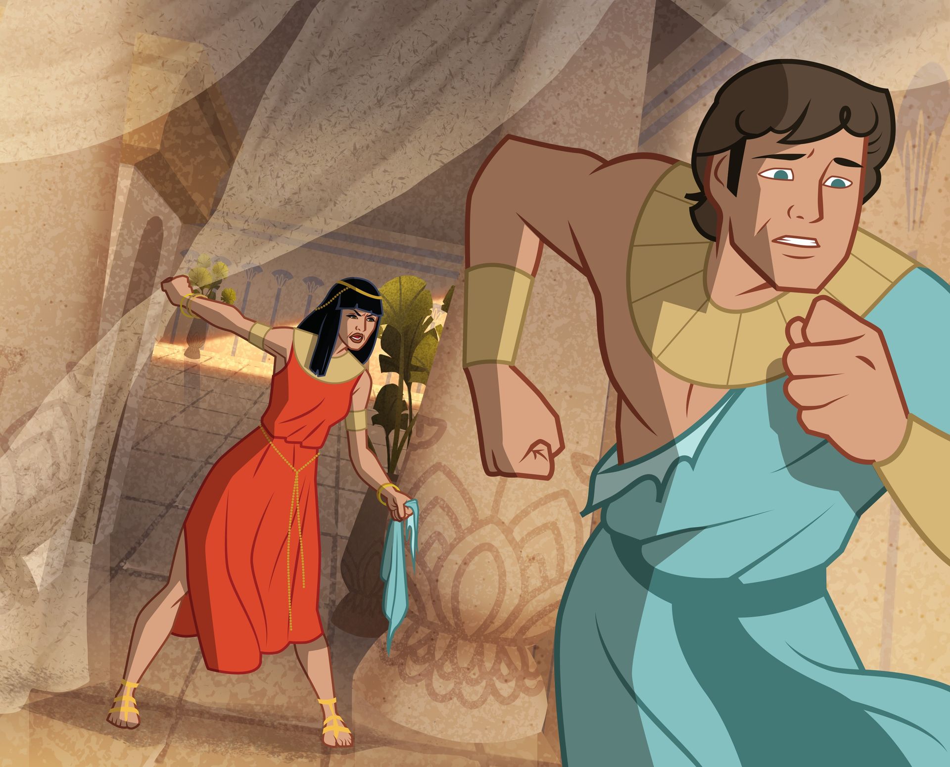 Ilustración de José escapando de la esposa de Potifar. 
Génesis 39:11–12