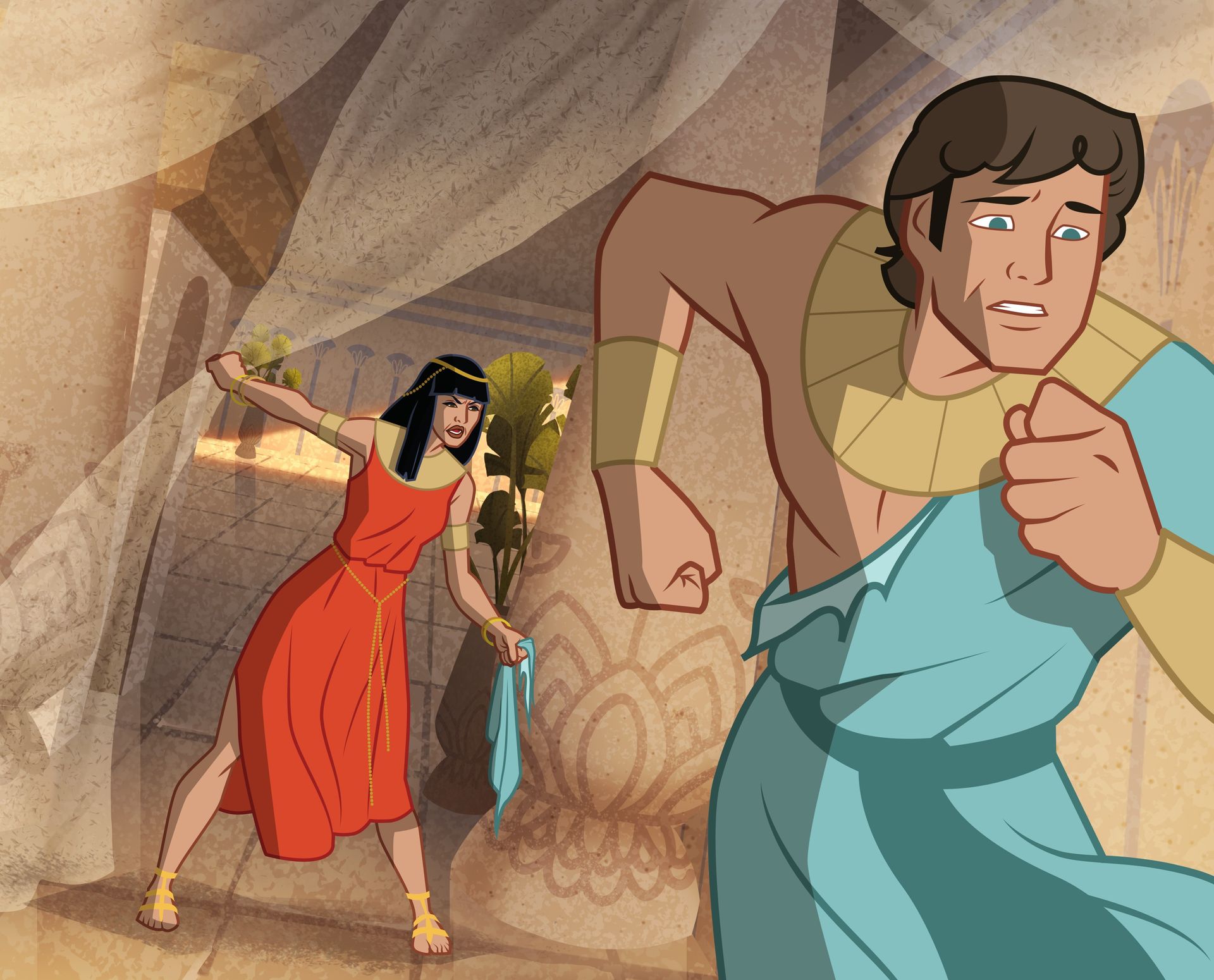 Illustration of Joseph running from Potiphar’s wife. Genesis 39:11–12