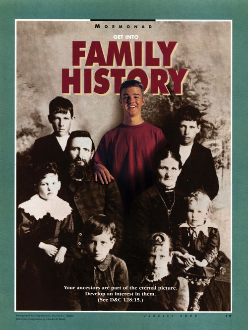 An image of a young man in contemporary clothing standing among the figures in a historic photograph, paired with the words “Get into Family History.”