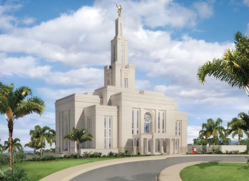 An artist’s rendition of the Panama City Panama Temple in the daytime, with palm trees on the grounds and people walking up the path toward the temple.
