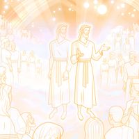 "Illustration of the pre-earth life. Heavenly Father is standing with Jehovah (the pre-mortal Christ) with pre-mortal spirits.      Deuteronomy 7:7-9; Isaiah 45:10-12"