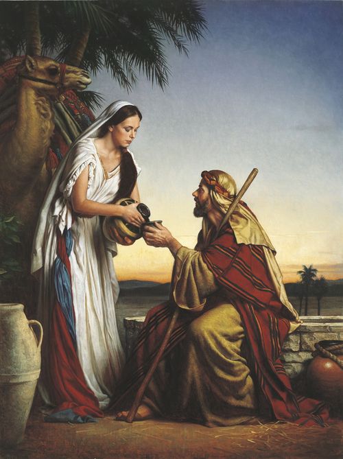 The Old Testament figure Rebekah pouring water from a jug into a cup.  The cup is held by the servant of Abraham.  The servant is depicted seeking a wife for Isaac, the son of Abraham.