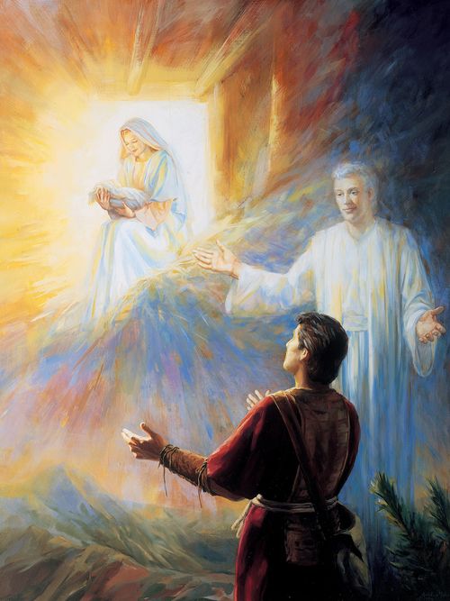 an angel showing Nephi the Virgin Mary in a vision