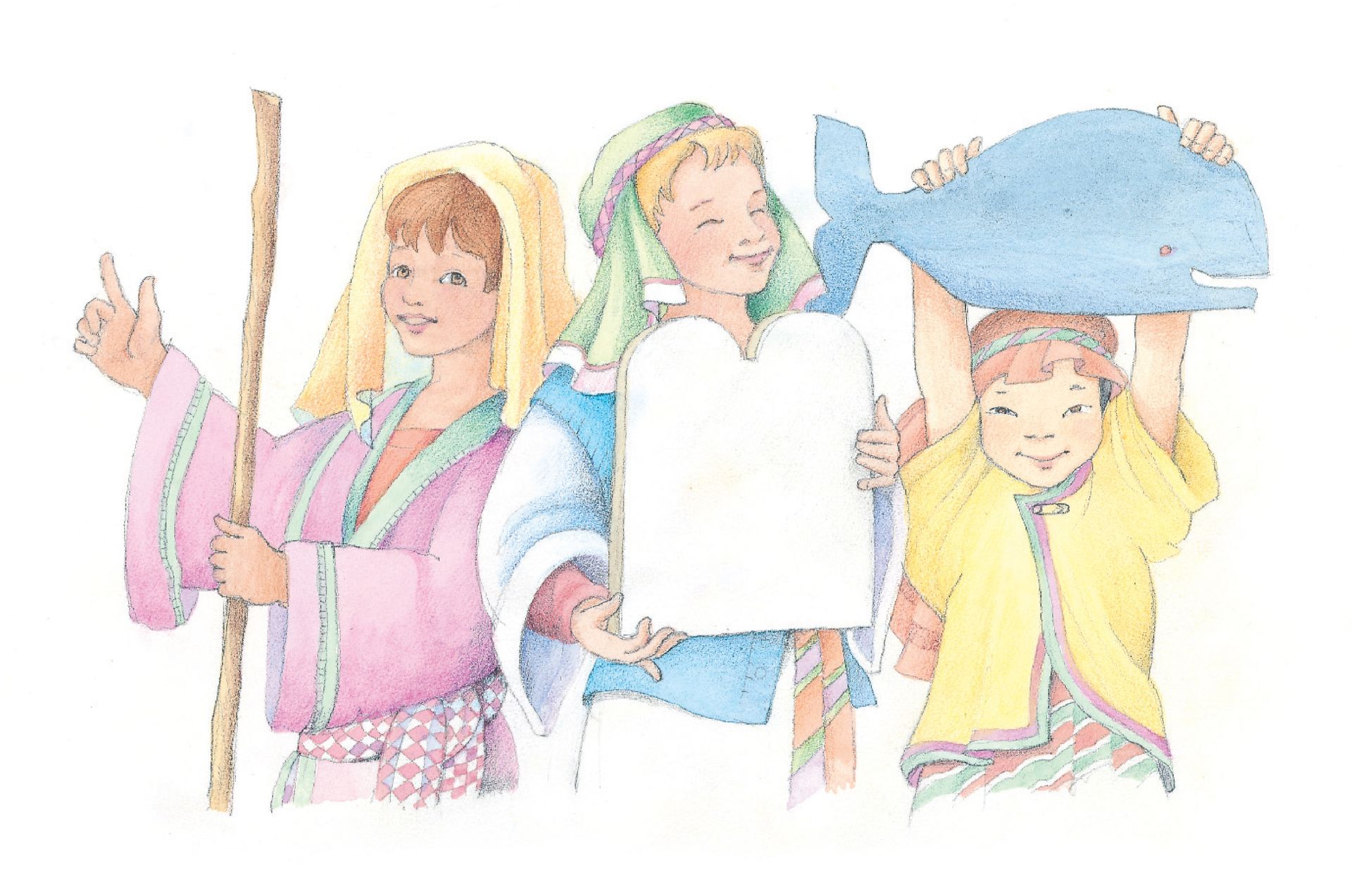 Three children dressed as biblical prophets. From the Children’s Songbook, page 110, “Follow the Prophet”; watercolor illustration by Phyllis Luch.