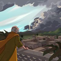 "Illustration of Job watching an approaching storm.      Job 1:6-12"