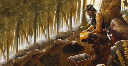 Moroni (Book of Mormon prophet) kneeling beside a tree as he places the gold plates into a box. The box is lying in a hole dug into the ground. There are trees in the background.