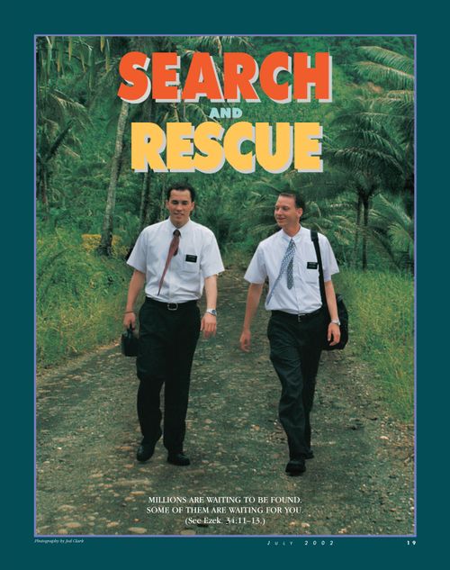 A poster showing two male missionaries walking down a road, paired with the words “Search and Rescue.”