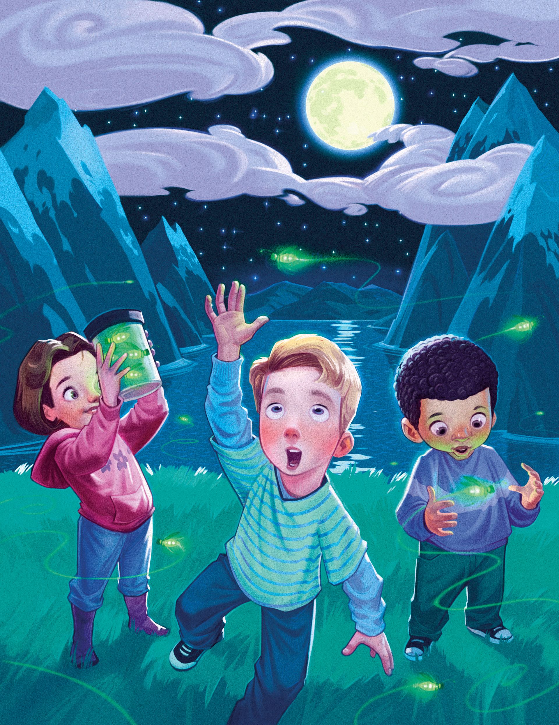 Two boys and a girl stand outside during a full moon and catch fireflies.