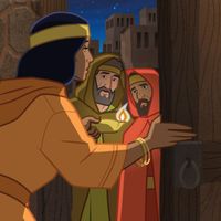 "Illustration of spies hiding from guards.      Joshua 2:1-3"