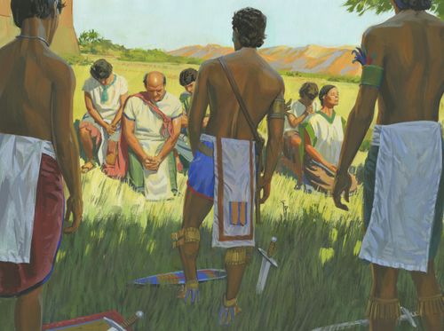 Lamanites standing around people of Ammon